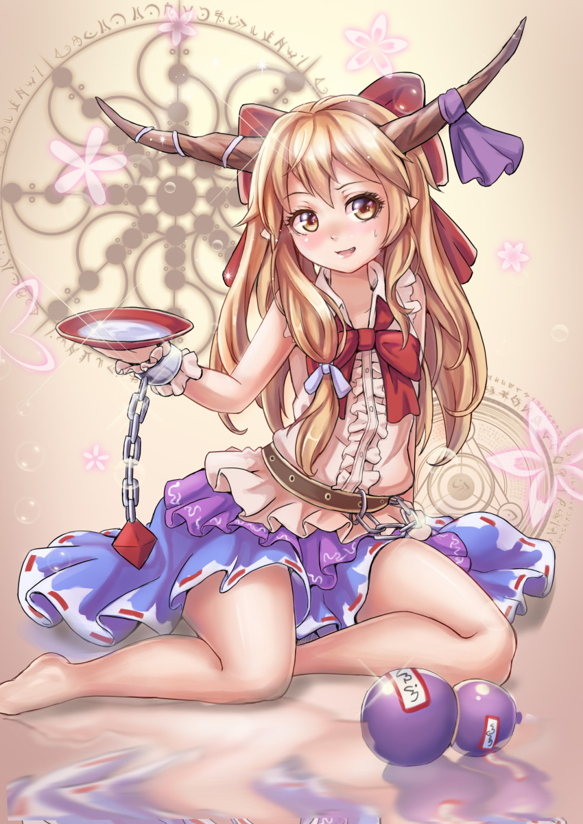 1girl :d absurdres alcohol bare_arms bare_legs bare_shoulders barefoot beige_background belt blush bow bowtie cenangam chain fang glint gourd hair_bow head_tilt highres holding_bowl horn_ornament horns ibuki_suika layered_skirt long_hair looking_at_viewer ofuda oni open_mouth orange_eyes orange_hair pointy_ears purple_ribbon purple_skirt red_bow red_bowtie ribbon sake shirt simple_background sitting skirt sleeveless sleeveless_shirt smile solo sweatdrop tooth touhou very_long_hair white_bow white_shirt wrist_cuffs yokozuwari