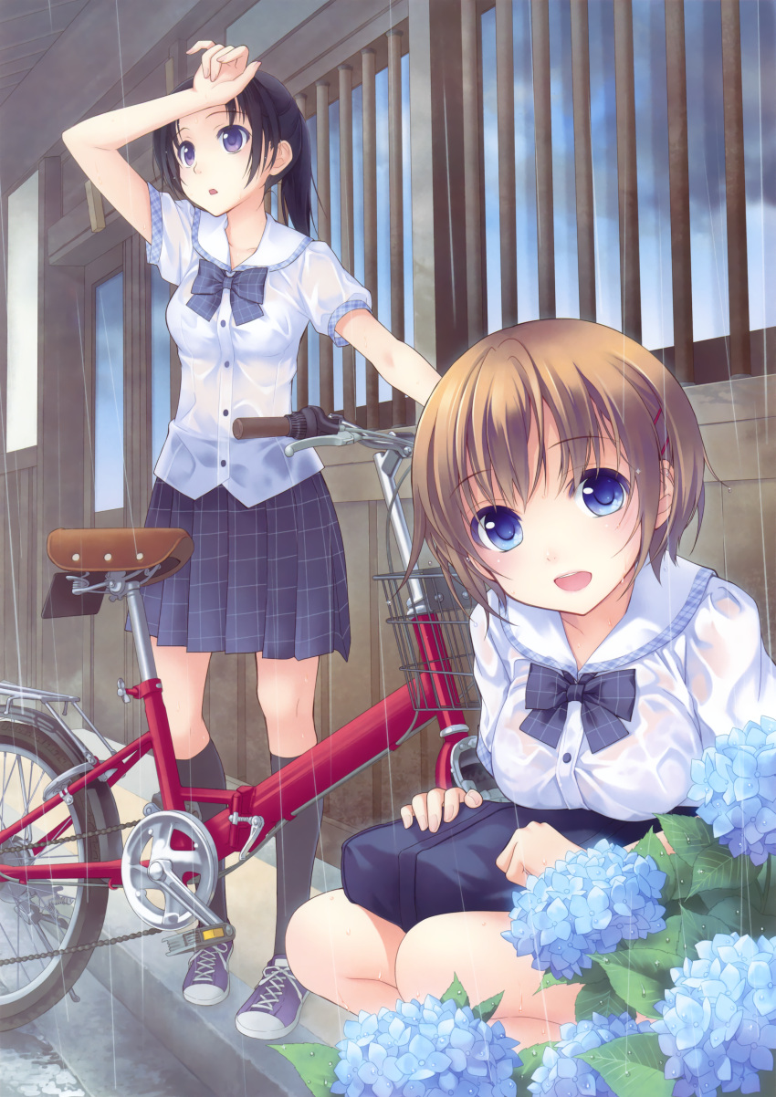2girls :d absurdres arm_up bag bicycle black_hair black_legwear blue_bow blue_bowtie blue_eyes blush bow bowtie breasts brown_hair collarbone cross-laced_footwear door flower ginta hair_ornament hairclip highres huge_filesize hydrangea kneehighs looking_at_viewer multiple_girls open_mouth original ponytail rain school_bag school_uniform shirt shoes short_sleeves smile sneakers squatting standing violet_eyes wet wet_clothes white_shirt window