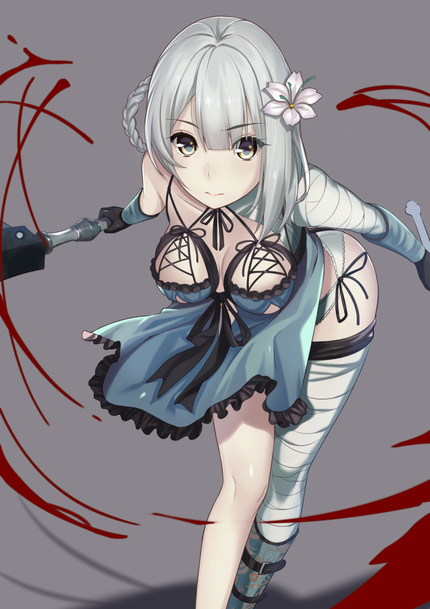 1girl asymmetrical_clothes bandaged_arm bandaged_leg bandages bangs bare_legs blood blue_dress blue_eyes blunt_bangs braid breasts cleavage closed_mouth dress dual_wielding eyebrows eyebrows_visible_through_hair flower grey_background hair_flower hair_ornament highres kagematsuri large_breasts looking_at_viewer multicolored_eyes nier outstretched_arms panties pink_flower short_dress side_braid silver_hair simple_background smile solo underwear white_panties yellow_eyes