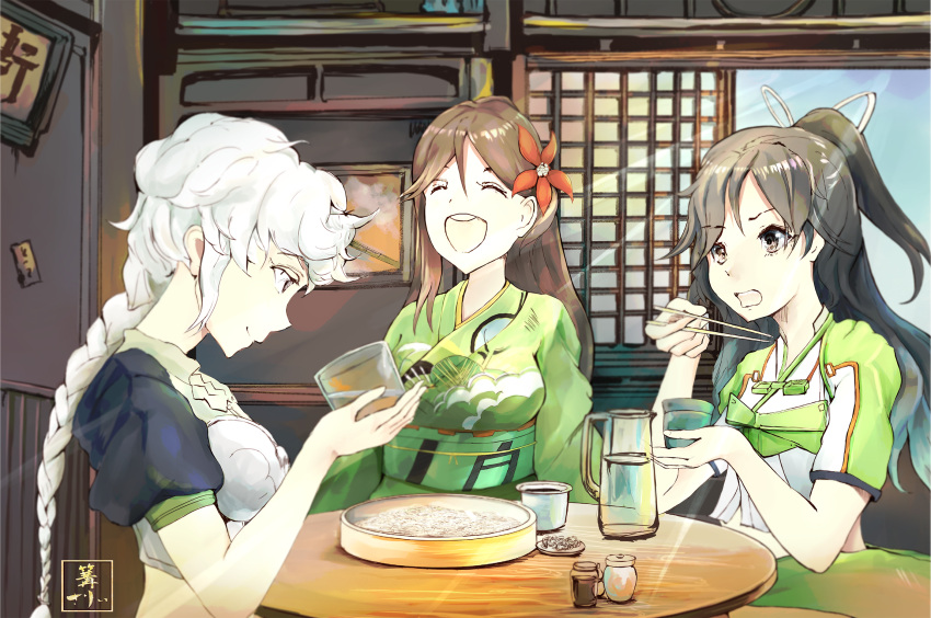 3girls alternate_costume amagi_(kantai_collection) black_hair braid brown_hair chopsticks closed_eyes cup eating flower food hair_flower hair_ornament hair_ribbon highres indoors japanese_clothes kantai_collection katsuragi_(kantai_collection) kimono kobaman_annwn laughing light_rays long_hair multiple_girls noodles painting_(object) pitcher ponytail profile puffy_short_sleeves puffy_sleeves ribbon short_sleeves signature single_braid sitting sky sliding_doors smile soy_sauce sunlight table unryuu_(kantai_collection) white_hair yukata