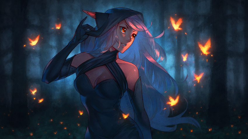 1girl :d arm_up artist_name bare_shoulders black_gloves breasts butterfly cleavage criss-cross_halter elbow_gloves elf fairy fantasy fireflies forest gloves halter_top halterneck highres long_hair looking_to_the_side nakanoart nature open_mouth original plant pointy_ears purple_hair red_eyes signature silver_hair smile solo teeth tree very_long_hair
