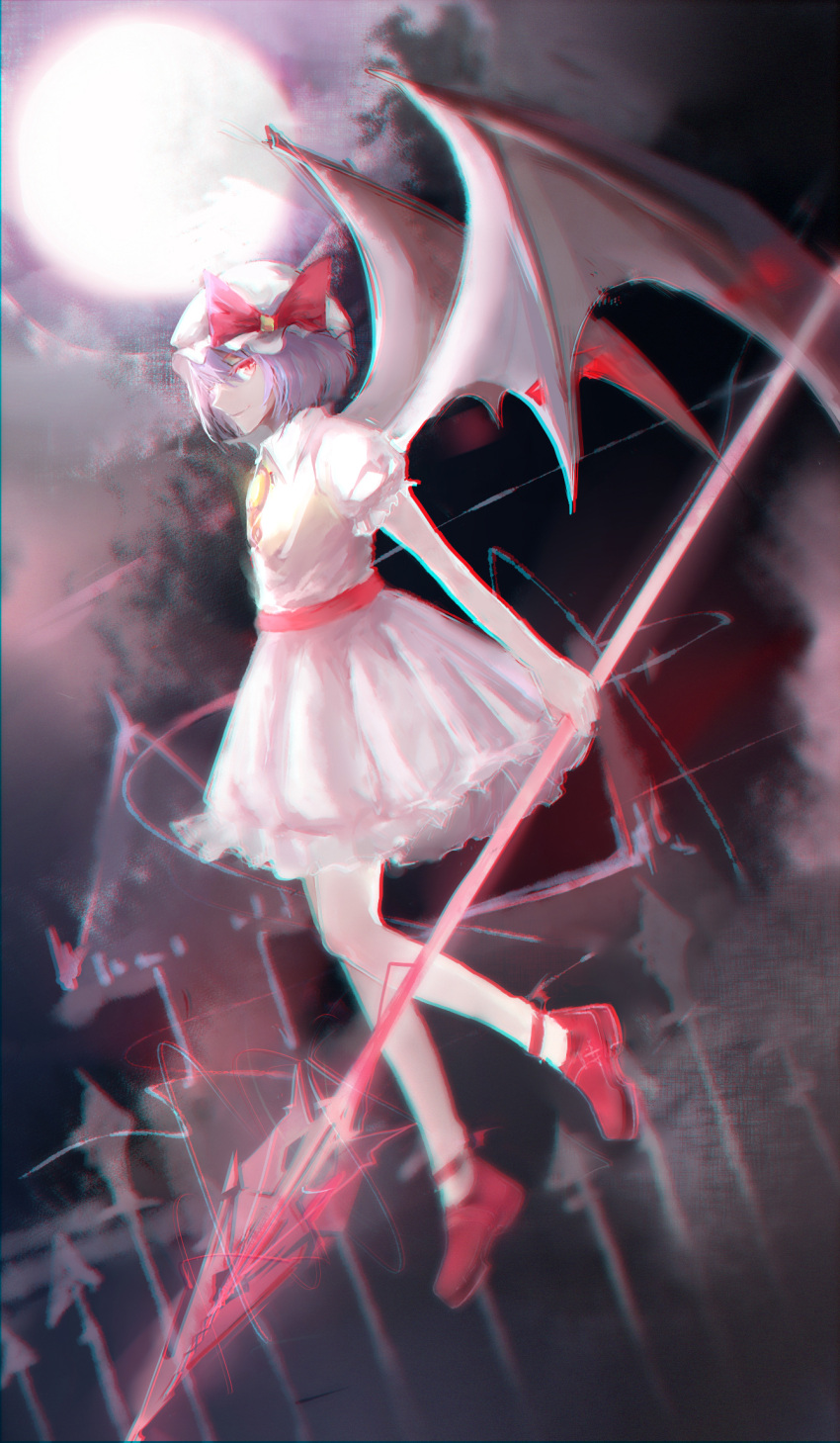 1girl anaglyph ankle_ribbon bat_wings blurry_background bow brooch clouds cloudy_sky colored_eyelashes dress full_moon glowing hat hat_bow highres jewelry lavender_hair looking_at_viewer mob_cap moon night night_sky pointy_nose pota_(harmony) red_eyes red_shoes remilia_scarlet scarlet_devil_mansion shoes short_hair short_sleeves sky slit_pupils smile solo spear_the_gungnir touhou white_dress wings