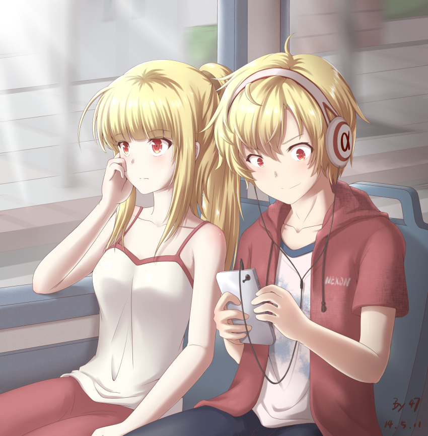 1boy 1girl 47_(479992103) absurdres alpha_(maplestory) beta_(maplestory) blonde_hair blue_pants cellphone dated hand_on_own_head headphones highres maplestory motion_blur pants phone ponytail red_eyes red_pants red_sweater shirt smartphone white_shirt