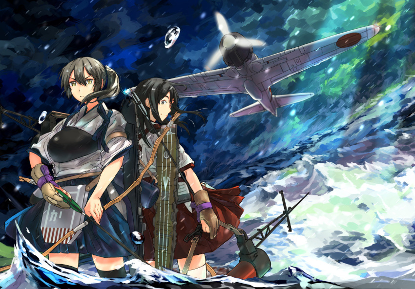 2girls aircraft airplane akagi_(kantai_collection) arrow black_hair bow_(weapon) brown_eyes hakama_skirt highres japanese_clothes kaga_(kantai_collection) kantai_collection long_hair multiple_girls muneate side_ponytail tasuki tora_jun water weapon yugake