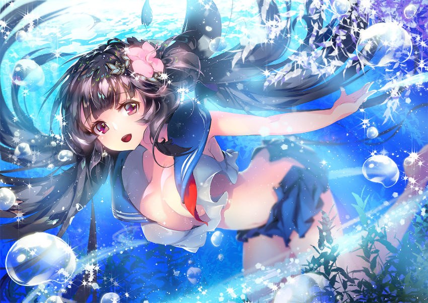 1girl :d air_bubble bare_arms bare_legs barefoot blue_n blue_skirt blush breasts cleavage collarbone crop_top day floating_hair flower hair_flower hair_ornament large_breasts light_rays long_hair midriff miniskirt open_mouth original outdoors pink_flower plant red_eyes school_uniform seaweed serafuku shirt side_slit skirt sleeveless sleeveless_shirt smile solo submerged sunlight underwater very_long_hair water_surface white_shirt