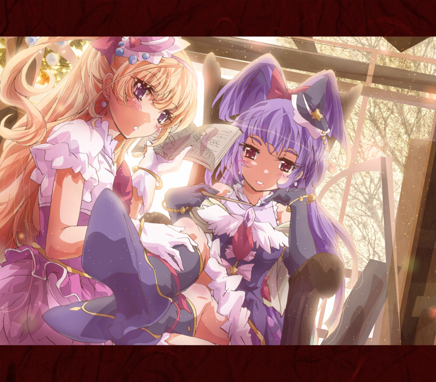 2girls asahina_mirai black_hat blonde_hair blush book bow crossed_legs cure_magical cure_miracle earrings gloves hair_bow hat highres inoshishi_(ikatomo) izayoi_liko jewelry long_hair looking_at_viewer magical_girl mahou_girls_precure! mini_hat mini_witch_hat multiple_girls pink_hat precure purple_hair sitting sitting_on_person smile violet_eyes wand white_gloves witch_hat