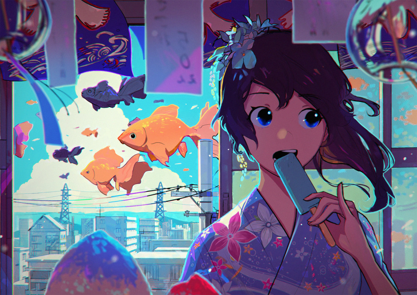 1girl blue_eyes building city clouds eating fish floral_print flower goldfish hair_flower hair_ornament highres house indoors japanese_clothes kimono looking_to_the_side open_mouth original pine_(yellowpine112) popsicle power_lines purple_hair scenery sky solo surreal telephone_pole upper_body wind wind_chime window yukata