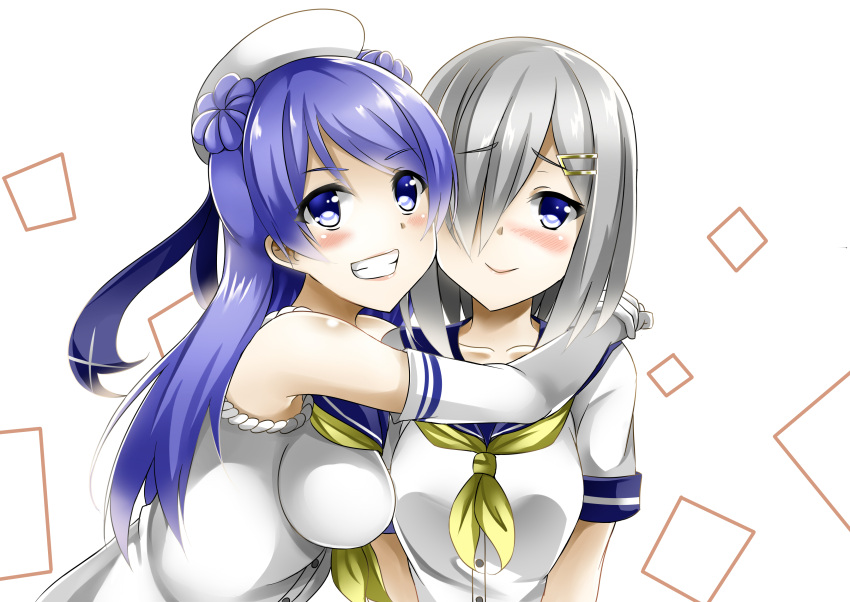 2girls absurdres blue_eyes blue_hair blush breasts double_bun elbow_gloves gloves hair_ornament hair_over_one_eye hairclip hamakaze_(kantai_collection) hat highres hug kantai_collection kinata7 large_breasts long_hair multiple_girls open_mouth school_uniform serafuku silver_hair smile urakaze_(kantai_collection) white_gloves