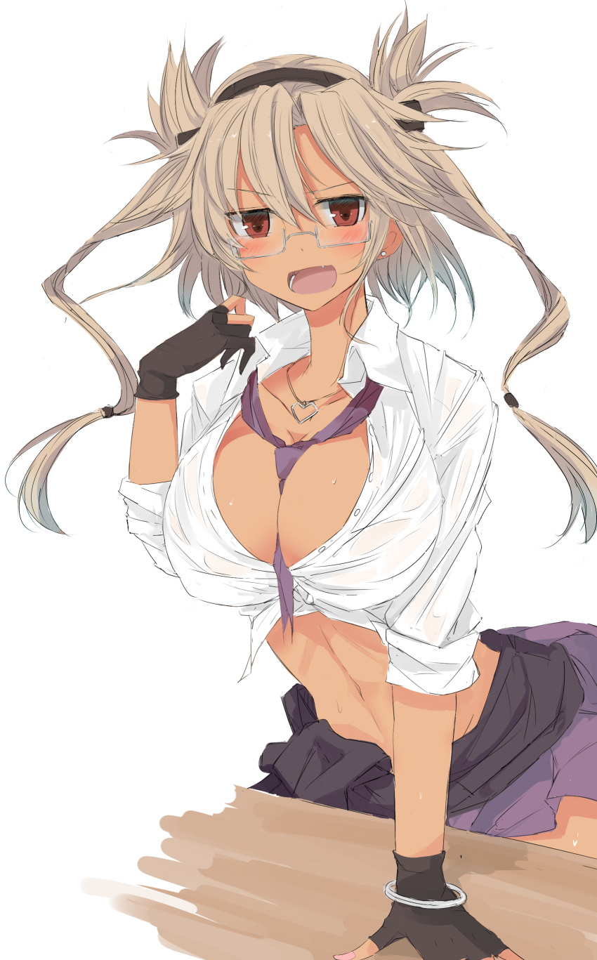 1girl absurdres alternate_costume arm_support between_breasts black_gloves blush breasts brown_eyes cleavage crop_top dark_skin fang fingerless_gloves glasses gloves hairband heart heart_necklace highres jewelry kantai_collection large_breasts leaning_forward light_brown_hair looking_at_viewer midriff musashi_(kantai_collection) nao_(qqqbb) navel necklace necktie no_bra open_mouth pointy_hair purple_necktie purple_skirt semi-rimless_glasses shirt short_hair_with_long_locks skirt sleeves_rolled_up solo under-rim_glasses white_background white_shirt