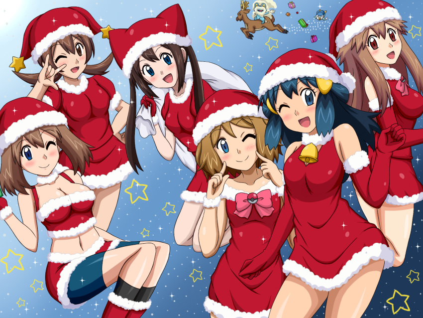 6+girls bike_shorts black_legwear blue_(pokemon) blue_eyes blue_hair boots breasts brown_eyes brown_hair cleavage collarbone detached_sleeves dress gloves hand_on_hip haruka_(pokemon) hat highres hikari_(pokemon) holding index_finger_raised kotone_(pokemon) kuro_hopper long_hair looking_at_viewer mei_(pokemon) multiple_girls navel one_eye_closed open_mouth pokemon pokemon_(creature) red_boots red_dress red_gloves redhead santa_boots santa_costume santa_hat serena_(pokemon) shorts_under_skirt smile socks twintails