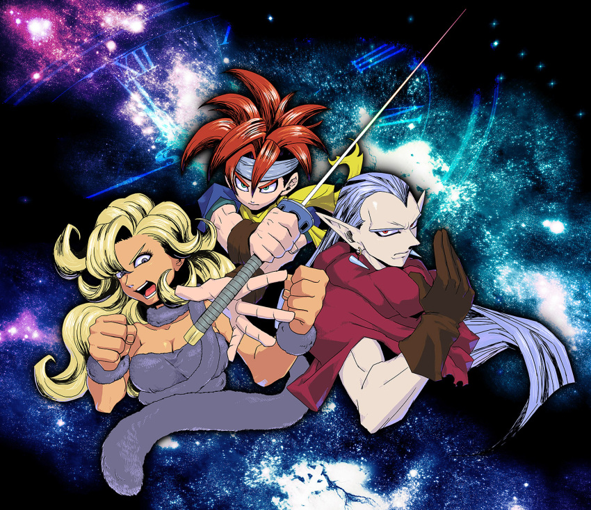 1girl 2boys ayla_(chrono_trigger) blonde_hair blue_eyes breasts chrono_trigger cleavage crono curly_hair fur_trim highres long_hair magus multiple_boys short_hair