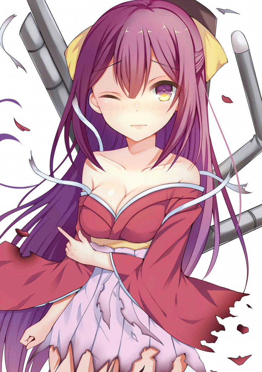 1girl bare_shoulders blush breasts cleavage collarbone eyebrows eyebrows_visible_through_hair hair_ribbon highres japanese_clothes kamikaze_(kantai_collection) kantai_collection long_hair looking_at_viewer machinery meiji_schoolgirl_uniform nan_(jyomyon) nose_blush off_shoulder one_eye_closed purple_hair ribbon solo torn_clothes torn_kimono torpedo violet_eyes wide_sleeves