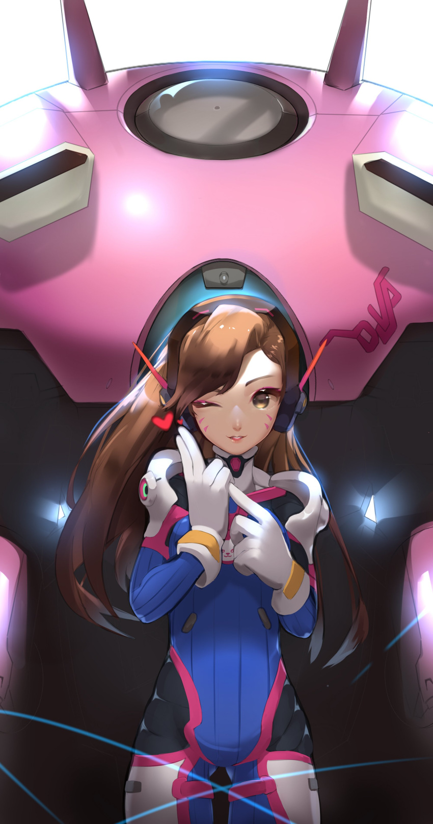 1girl absurdres ass_visible_through_thighs bangs bodysuit brown_eyes brown_hair character_name collar cowboy_shot d.va_(overwatch) facial_mark gloves headphones heart highres lips long_hair mecha one_eye_closed overwatch parted_lips pilot_suit smile solo swept_bangs white_gloves