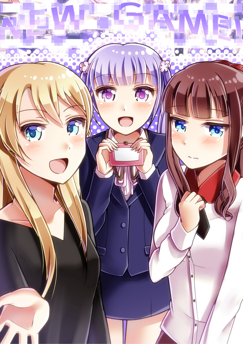 3girls :d black_shirt blonde_hair blue_eyes blue_hair blush brown_hair copyright_name embarrassed formal gradient gradient_background hair_ornament hand_on_own_chest highres long_hair long_sleeves looking_at_viewer multiple_girls new_game! open_mouth satomi_nori shirt short_hair sidelocks skirt_suit smile suit suzukaze_aoba takimoto_hifumi twintails violet_eyes yagami_kou