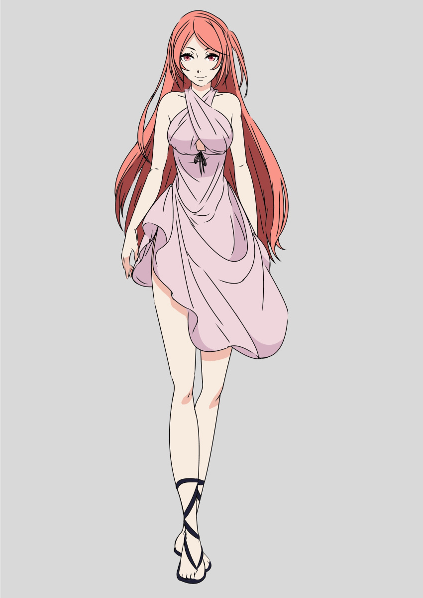 1girl absurdres bare_legs bare_shoulders dress highres long_hair purple_dress red_eyes redhead sandals sf-a2_miki short_dress side_ponytail simple_background tokudaiji vocaloid 「ma」_survival_(vocaloid)