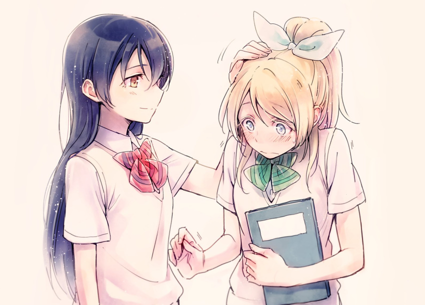 2girls ayase_eli blonde_hair blue_eyes blue_hair blush book bow bowtie brown_eyes commentary_request flinch frown hair_bow holding holding_book long_hair looking_at_another love_live!_school_idol_project multiple_girls pale_color petting ponytail school_uniform short_sleeves simple_background smile sonoda_umi sweatdrop yukiiti yuri