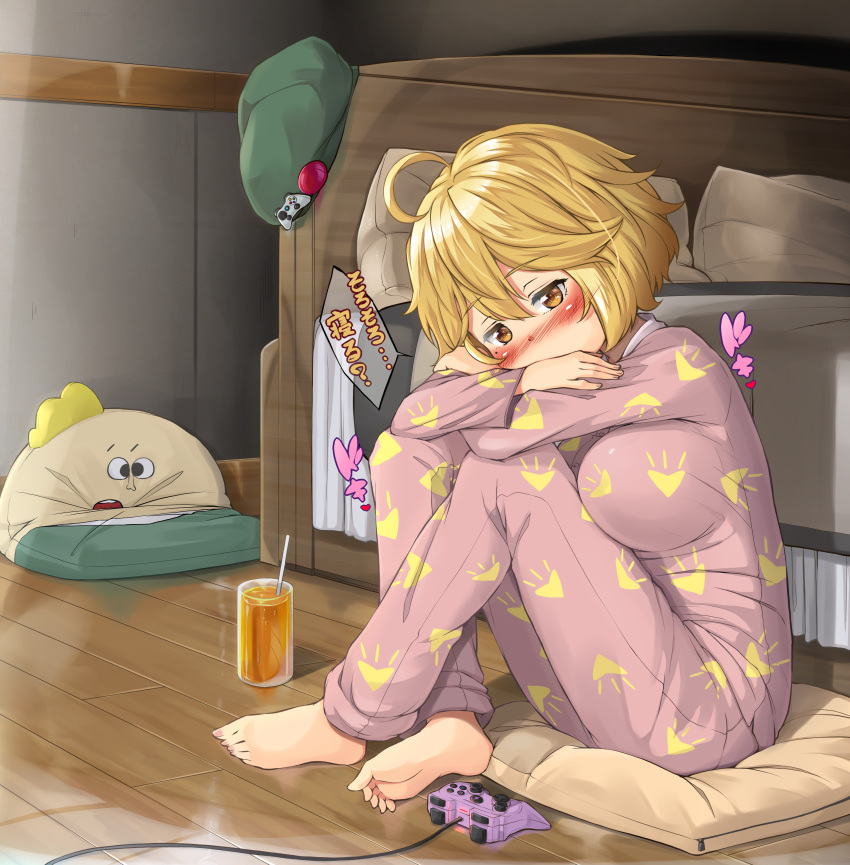 1girl absurdres ahoge barefoot bed blonde_hair blush brown_eyes character_request controller crossed_ankles crossed_arms cushion drink dualshock feet game_controller gamepad glass hat highres kitsunerider long_sleeves mole mole_under_eye pajamas pants pillow short_hair sitting soles solo toes