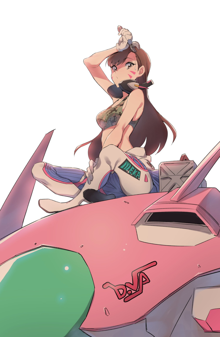 1girl bangs bare_shoulders boots breasts brown_eyes brown_hair character_name chestnut_mouth combination_wrench d.va_(overwatch) facepaint facial_mark full_body gloves hand_to_head headphones headphones_around_neck highres indian_style long_hair looking_at_viewer mecha overwatch pilot_suit sitting solo supernew sweat sweatdrop swept_bangs tank_top thigh-highs thigh_boots toolbox white_boots white_gloves wrench