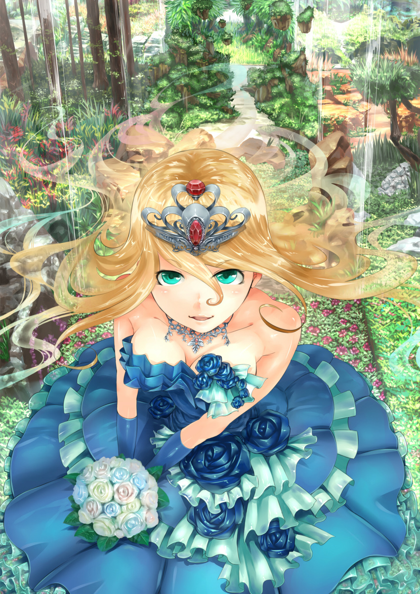1girl aqua_eyes blonde_hair blue_dress blue_gloves blue_rose bouquet breasts cleavage dress floating_hair flower frilled_dress frills from_above gem gloves hair_between_eyes highres jewelry looking_at_viewer nature necklace original outdoors parted_lips princess rose smile solo tenha_(tenpalion444) tiara transparent water waterfall