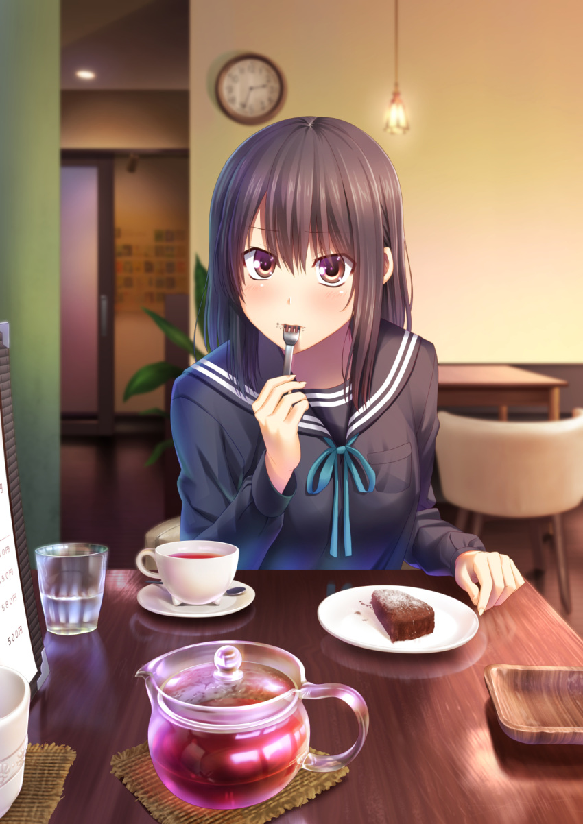 1girl black_hair blush brown_eyes cake clock cup eating ese_shinshi food fork_in_mouth glass highres long_hair looking_at_viewer original ribbon school_uniform serafuku sitting solo table tea teacup