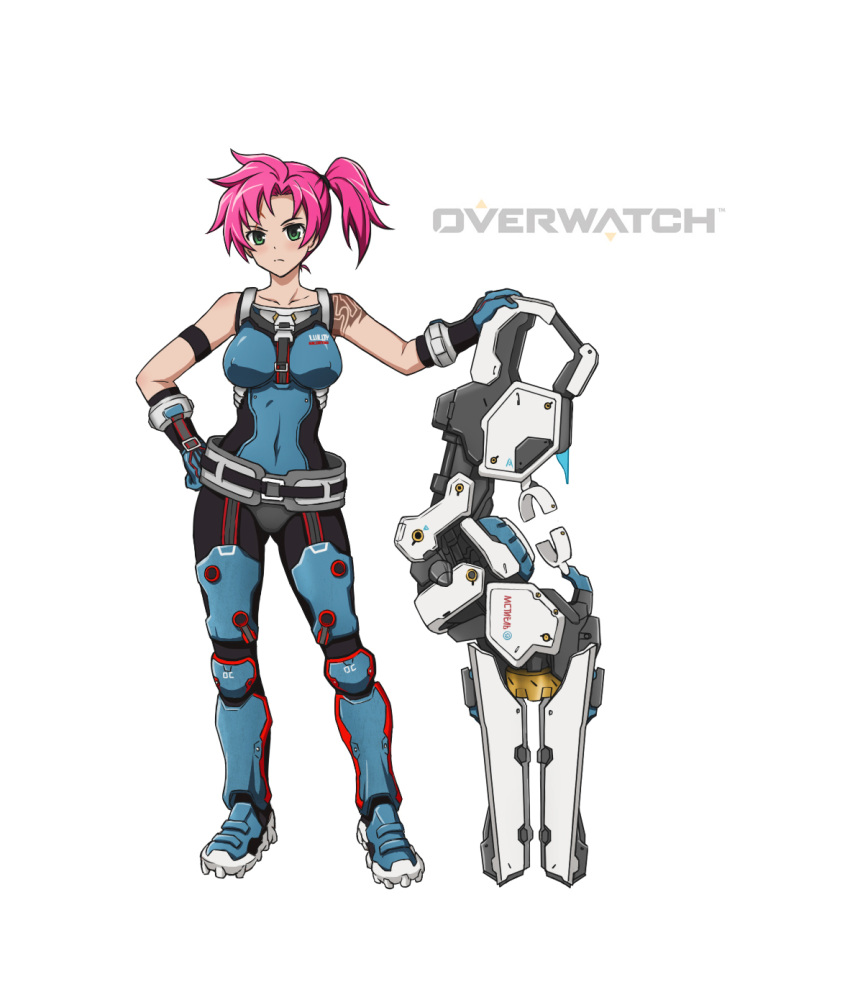 1girl an-bl armband bare_shoulders belt blush bodysuit breasts collarbone covered_navel covered_nipples full_body gauntlets gloves hand_on_hip highres large_breasts looking_at_viewer overwatch pink_hair power_armor power_suit short_hair side_ponytail simple_background skin_tight solo standing tattoo zarya_(overwatch)