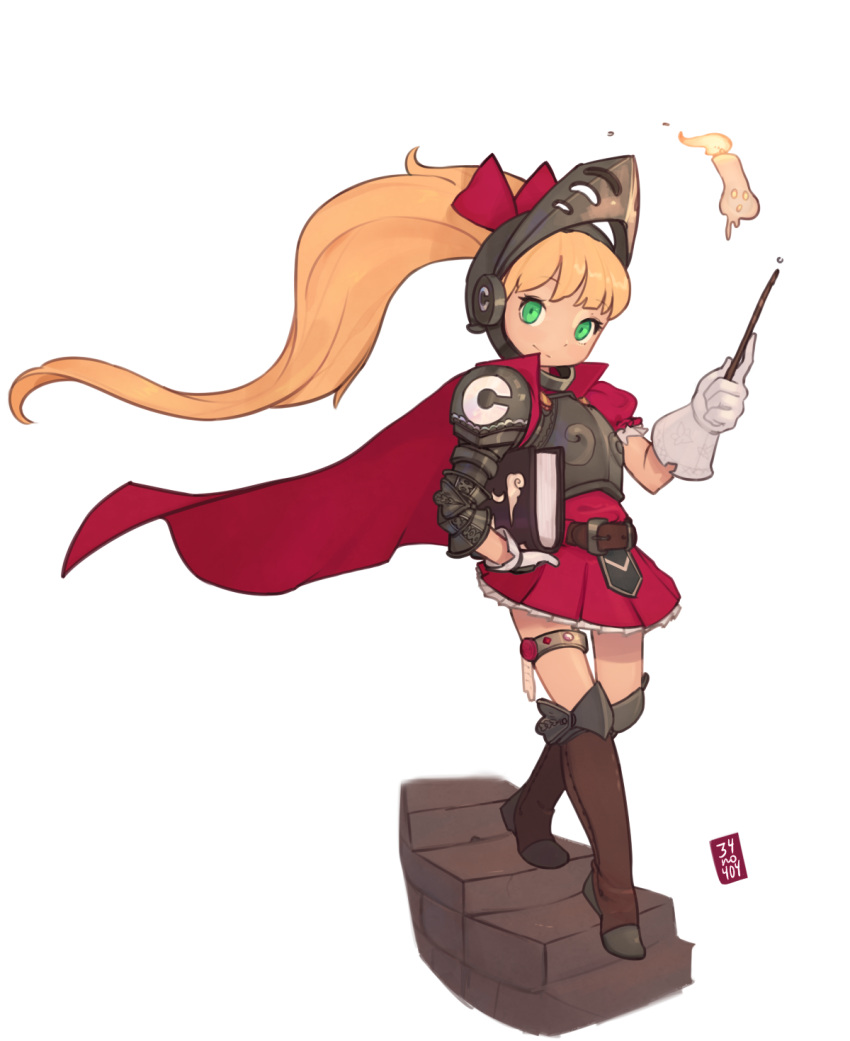 1girl 34no404 alternate_costume armor blonde_hair book boots breastplate call_(mighty_no._9) cape commentary dress green_eyes hair_ribbon highres knee_boots long_hair mighty_no._9 ribbon short_dress single_gauntlet single_glove smile solo very_long_hair visor wand