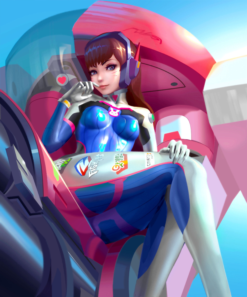 1girl absurdres armor bangs blue_eyes blue_sky bodysuit boots breasts brown_hair d.va_(overwatch) emblem facial_mark from_below gloves hand_on_own_face hand_to_own_mouth headphones heart highres light_smile logo long_hair looking_at_viewer mecha overwatch pilot_suit sitting skin_tight sky solo swept_bangs thigh-highs thigh_boots thighs white_boots white_gloves