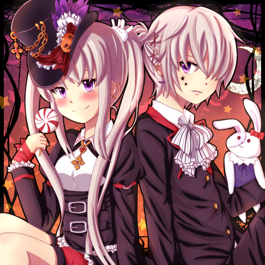 1boy 1girl bat benika blush bunny_hair_ornament bunny_puppet candy chain hair_ornament hat highres lollipop lotus_(maplestory) maplestory mole mole_under_eye moon orchid_(maplestory) pumpkin red_ribbon ribbon smile star top_hat twintails violet_eyes white_hair