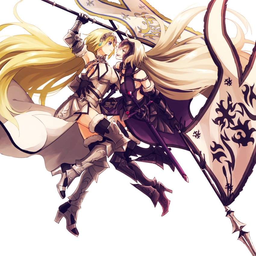 2girls :d ahoge arm_around_waist arm_at_side arm_up armor armored_boots armored_dress armpits black_legwear blonde_hair blue_eyes boots breasts capelet chain closed_mouth dress dual_persona eye_contact face-to-face fate/apocrypha fate/grand_order fate_(series) faulds flag floating_hair from_side frown full_body fur-trimmed_legwear fur_trim gauntlets hair_down headpiece high_heel_boots high_heels highres holding hoshiko_(shu-kuri-mu) jeanne_alter large_breasts long_hair looking_at_another multiple_girls open_mouth profile ruler_(fate/apocrypha) ruler_(fate/grand_order) sideboob sleeveless smile sword thigh-highs very_long_hair violet_eyes weapon yellow_eyes