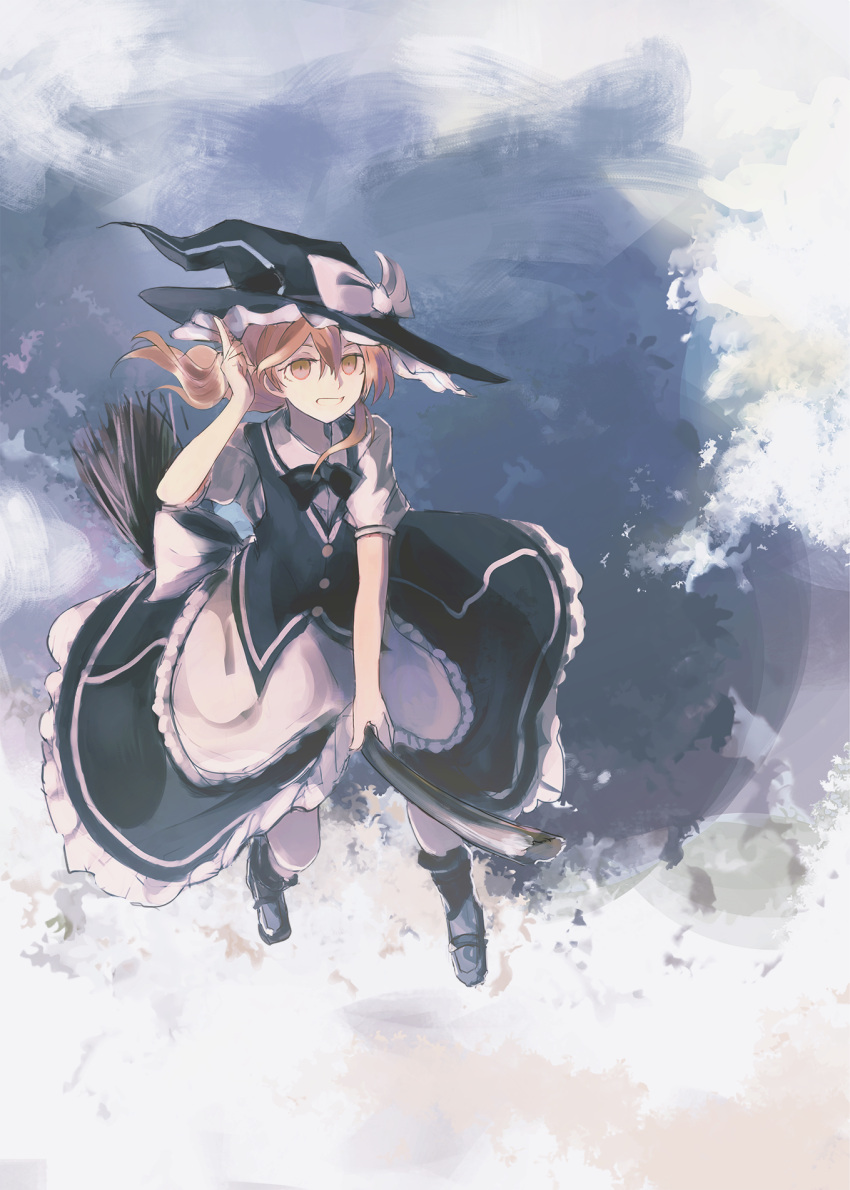 1girl adapted_costume alternate_hair_color apron black_legwear black_shoes black_skirt black_vest blue_sky bow broom broom_riding brown_eyes brown_hair clouds collared_shirt frilled_apron frills grin hat hat_bow hat_tip highres kirisame_marisa kneehighs long_skirt looking_at_viewer nori_(stak819) shirt shoes skirt skirt_set sky smile solo touhou waist_apron white_shirt witch_hat