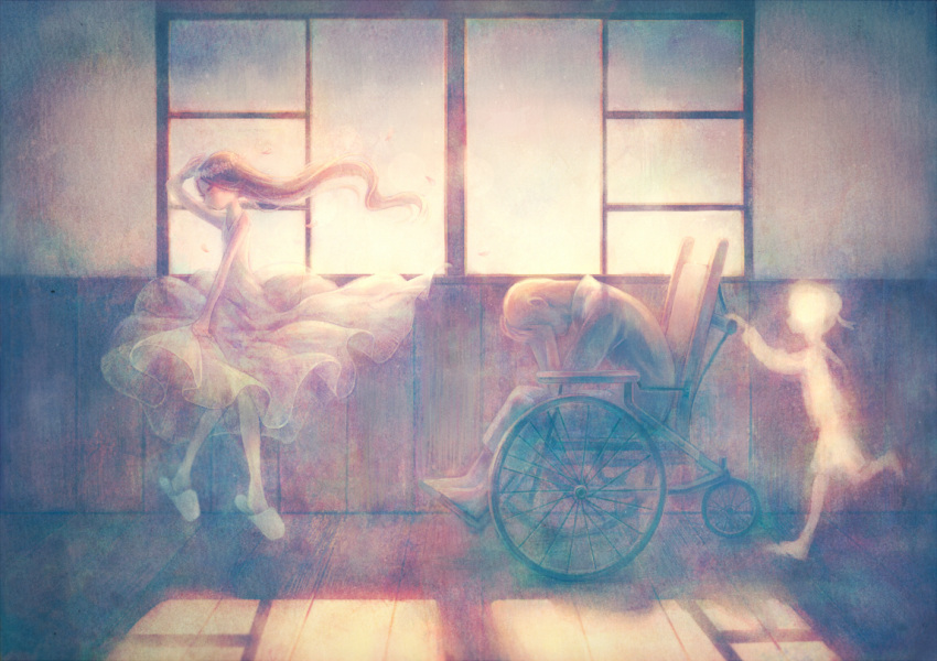 1boy 2girls backlighting bald black_hair child covering_face dress dual_persona head_rest head_wreath indoors leaning_forward long_hair multiple_girls muted_color namihaya old_man original sad shadow silhouette sitting skirt_hold slippers sunlight wheelchair white_dress window