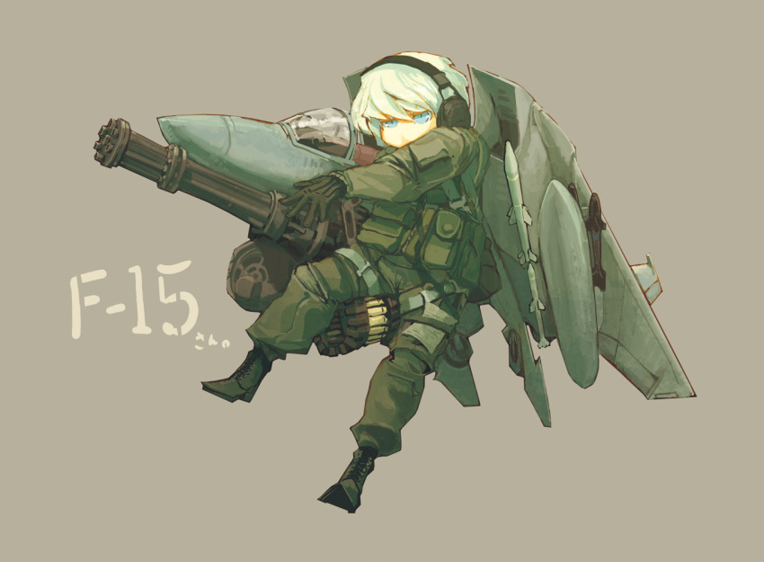 1girl airplane ammunition_belt aqua_eyes blonde_hair cockpit gatling_gun gun headphones kome military military_uniform minigun rocket simple_background uniform weapon wings