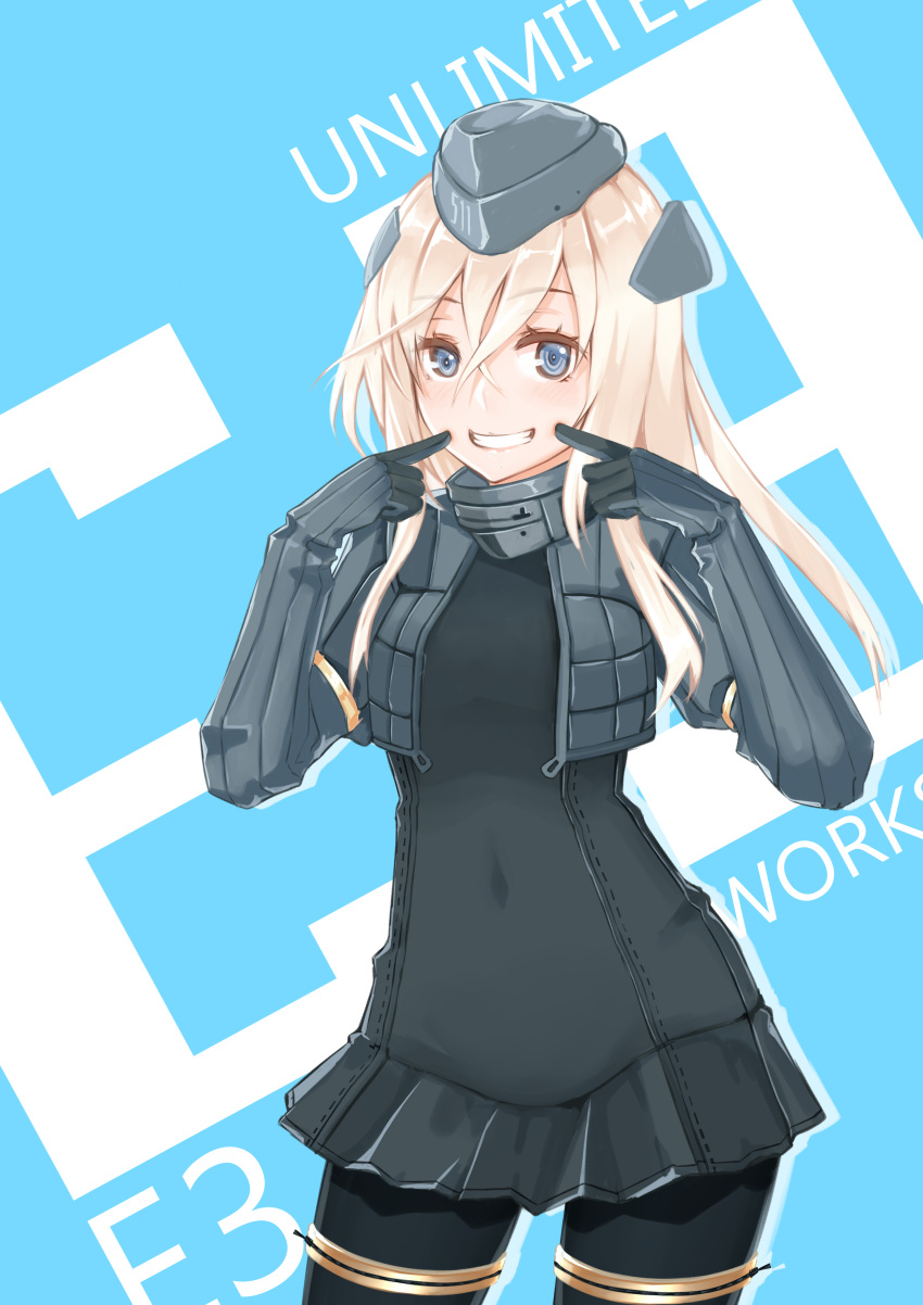 1girl absurdres blonde_hair blue_eyes commentary covered_navel cropped_jacket essa_sazhka finger_to_cheek garrison_cap gloves hair_between_eyes hair_ornament hat highres kantai_collection long_hair long_sleeves looking_at_viewer military military_uniform puffy_long_sleeves puffy_sleeves smile solo teeth thigh-highs u-511_(kantai_collection) uniform zipper
