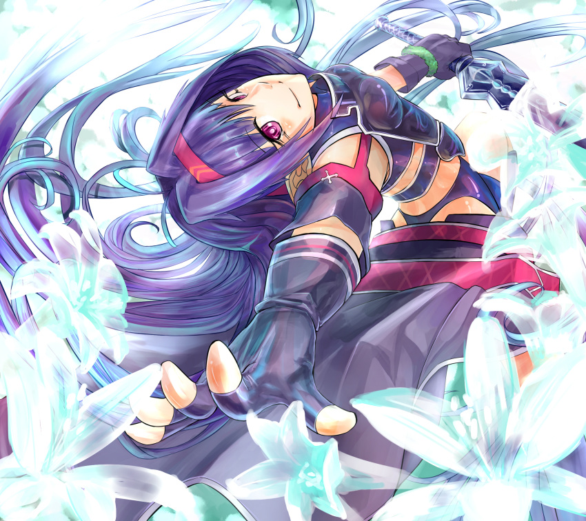 1girl arched_back black_gloves breasts fingerless_gloves flower gloves hairband highres holding holding_sword holding_weapon konno_yuuki_(sao) long_hair outstretched_arm pink_eyes pointy_ears purple_hair smile solo sword sword_art_online tenpalion444 very_long_hair weapon