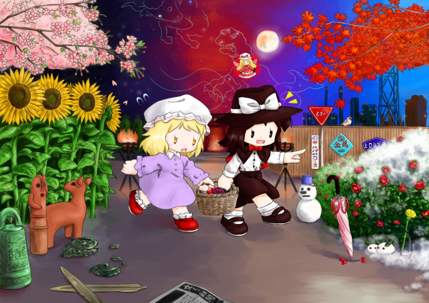 2girls autumn_leaves basket bird blonde_hair bow bowtie broken brown_eyes brown_hair brown_hat brown_shoes brown_skirt capelet carrying cherry_blossoms chibi city city_lights cityscape closed_umbrella constellation crow dress eoh-nanbei fairy fairy_wings feathers fence flower flying_sweatdrops friends full_moon gap haniwa_(statue) hat hat_bow jar long_hair long_sleeves maribel_hearn mob_cap moon multiple_girls newspaper night night_sky open_mouth pointing red_dress red_moon red_shoes shiny shiny_hair shirt shoes sign skirt sky smile snow snow_bunny snowman stairs star_(sky) starry_sky sunflower tagme torii touhou tree umbrella usami_renko white_legwear white_shirt wings yellow_eyes yellow_flower