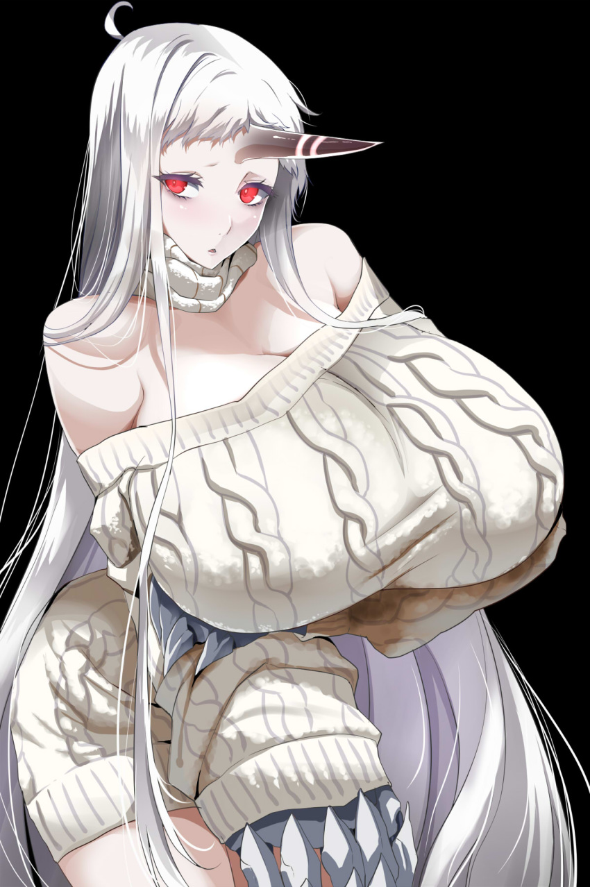 1girl bare_shoulders bent_over breasts claws cleavage dress frown highres horn huge_breasts kantai_collection kloah long_hair open_mouth pale_skin red_eyes scarf seaport_hime shinkaisei-kan short_dress solo striped striped_scarf sweater sweater_dress triangle_mouth very_long_hair white_hair