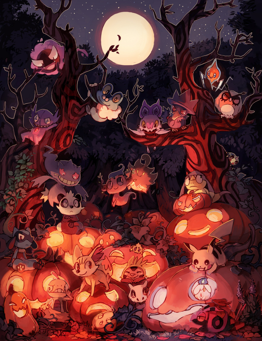 :d ^_^ arms_behind_head bare_tree blue_eyes bluekomadori blush_stickers character_request closed_eyes closed_mouth crossed_arms crossed_legs fangs froakie frown full_moon glasses grin halloween highres jack-o'-lantern litwick looking_at_another looking_at_viewer looking_away moon no_humans noibat open_mouth pancham pikachu pince-nez plant pokemon pokemon_(creature) pumpkin red_sclera sableye scraggy sitting smile standing tree vines |_|