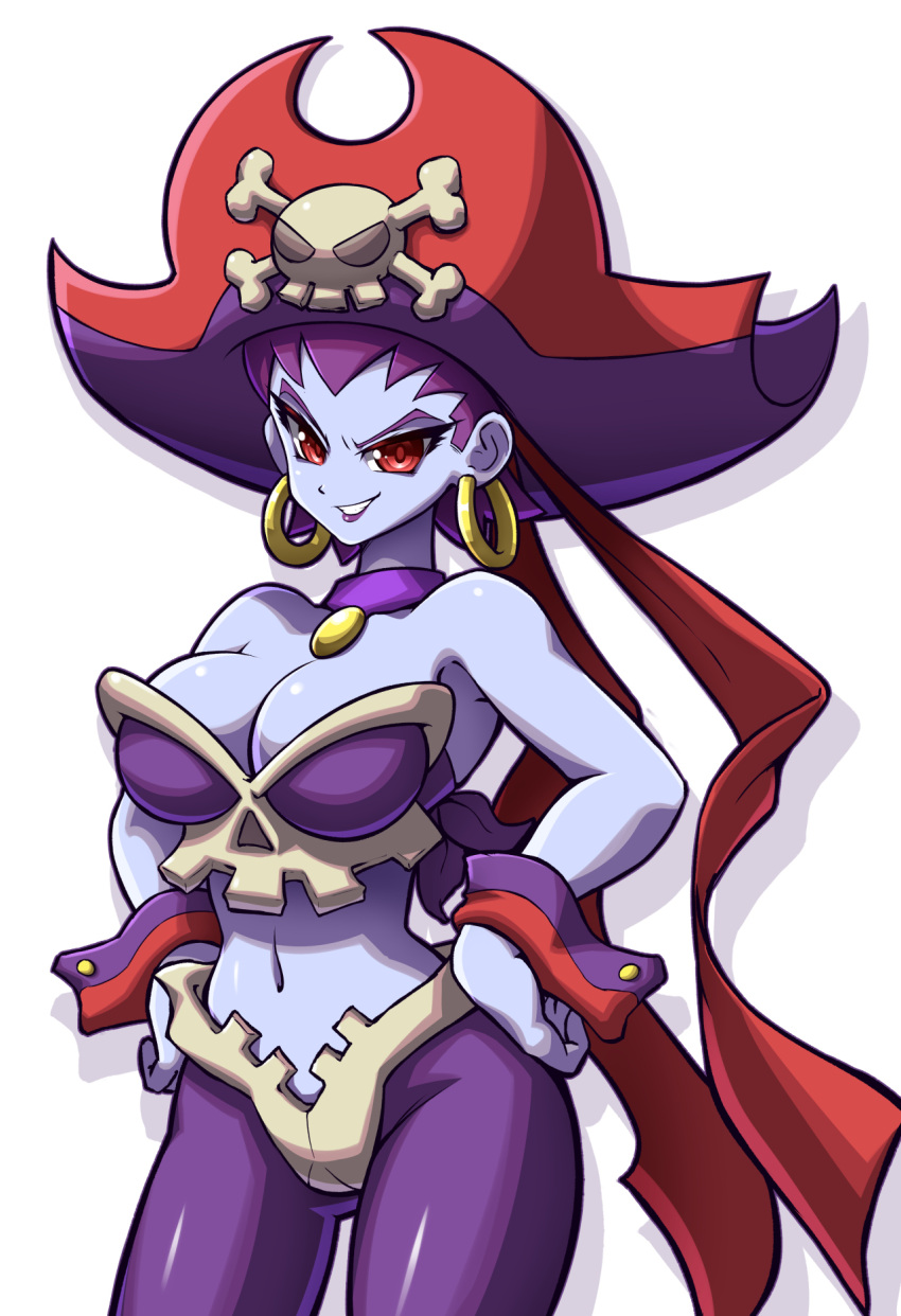 1girl bandana bandeau bare_shoulders blue_skin breasts buttons choker cleavage earrings hands_on_hips hat highres hoop_earrings jewelry large_breasts mazume midriff pirate pirate_hat purple_hair red_eyes risky_boots shantae simple_background skull slender_waist solo white_background wrist_cuffs