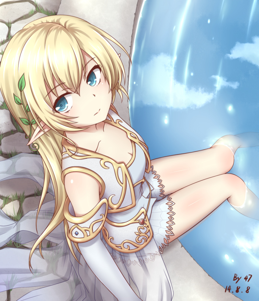 1girl 47_(479992103) bare_legs blonde_hair blue_eyes breasts cleavage dated gloves highres maplestory mercedes_(maplestory) pointy_ears skirt water white_gloves