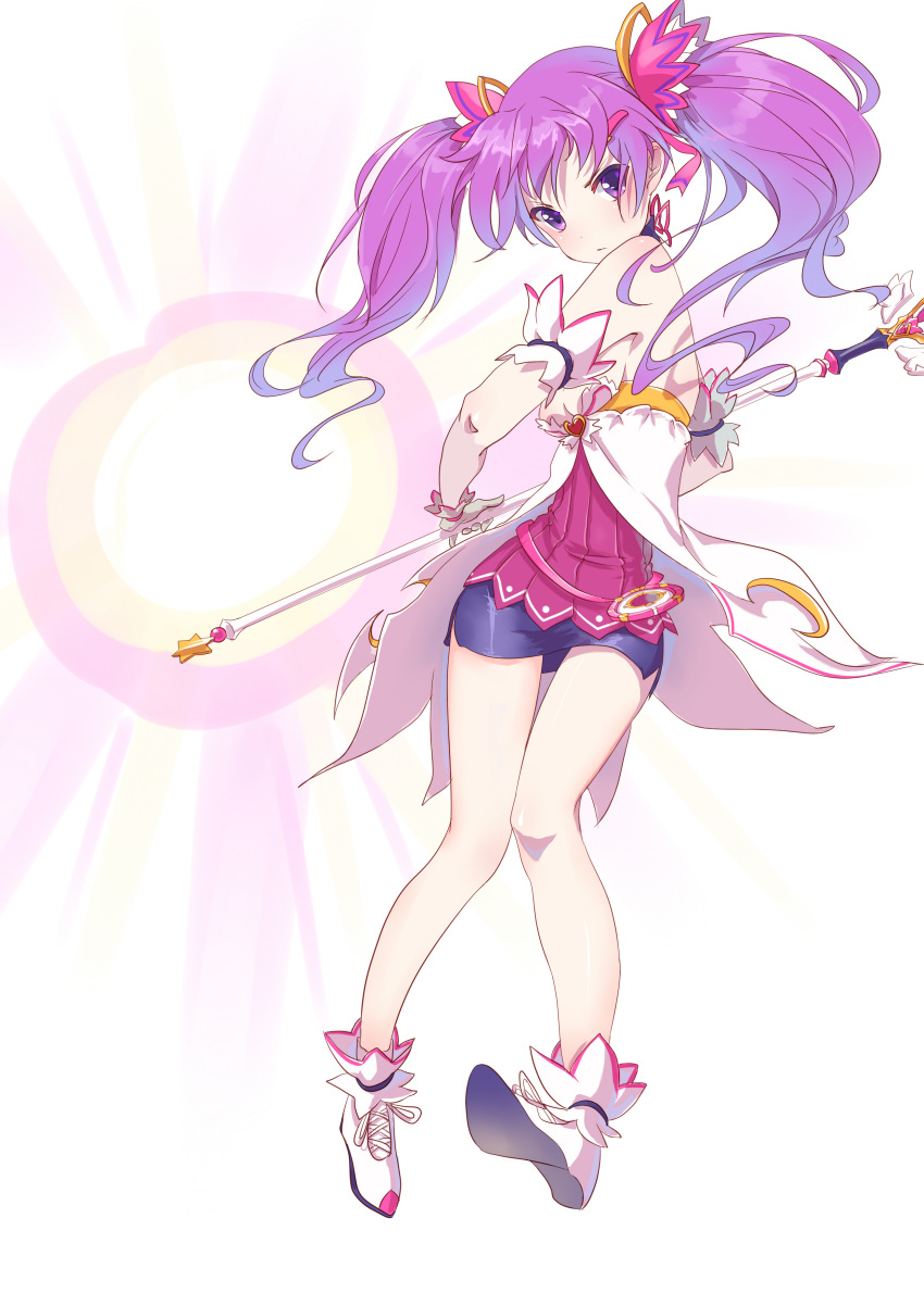 1girl absurdres aisha_(elsword) compromise. dimension_witch_(elsword) elsword full_body gloves highres long_hair looking_at_viewer miniskirt purple_hair purple_skirt serious shoes skirt solo twintails violet_eyes wand white_background white_gloves white_shoes