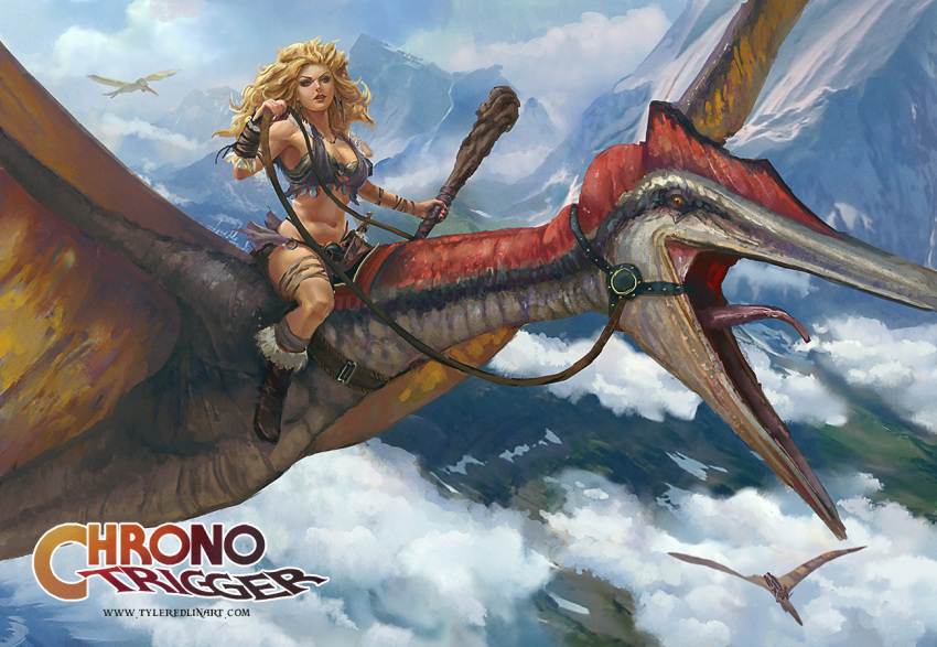 1girl ayla_(chrono_trigger) blonde_hair blue_eyes breasts chrono_trigger cleavage curly_hair dinosaur long_hair tyler_edlin