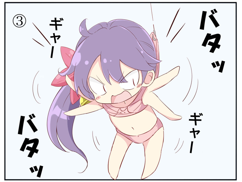 1girl afterimage ahoge akebono_(kantai_collection) armpits bare_arms bare_legs bare_shoulders barefoot bell bell_hair_ornament blue_background blush_stickers camisole flower flying_sweatdrops full_body hair_flower hair_ornament highres jingle_bell kengorou_saemon_ii_sei lifting motion_lines navel number panties pink_panties red_flower side_ponytail simple_background solo stomach surprised underwear waving_arms wide-eyed