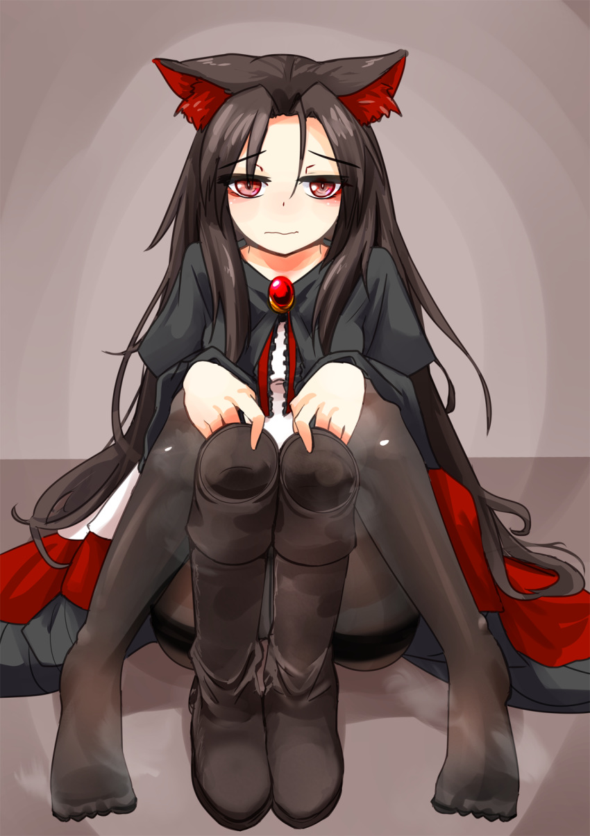 1girl animal_ears black_legwear boots boots_removed brooch brown_hair dress highres imaizumi_kagerou jewelry long_hair looking_at_viewer nama_shirasu pantyhose red_eyes sitting solo thighband_pantyhose touhou very_long_hair wavy_mouth wolf_ears
