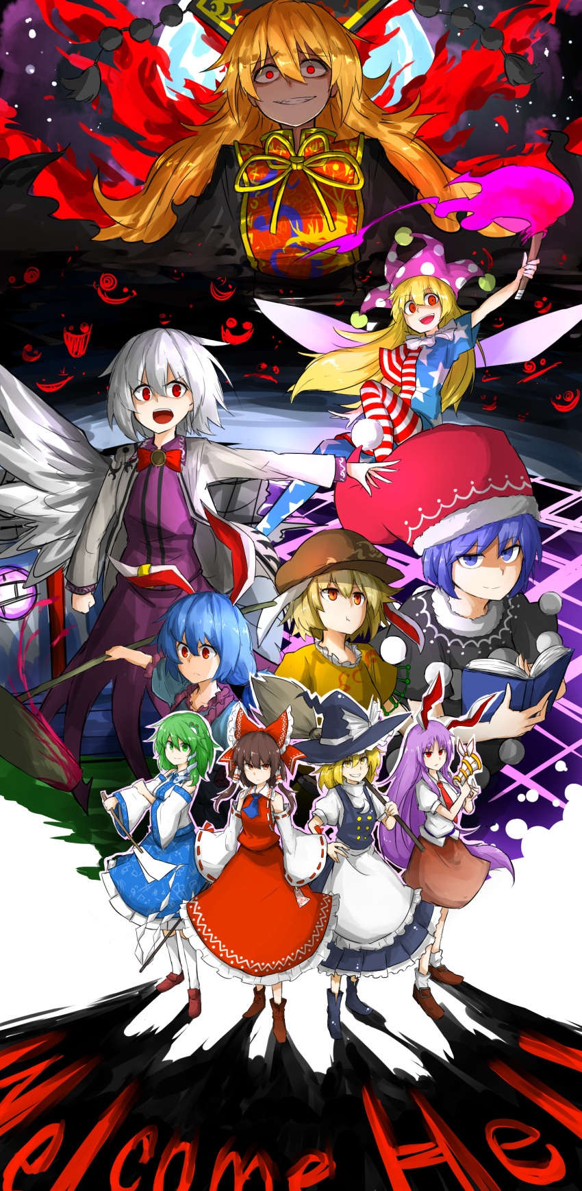 6+girls :t absurdres american_flag_legwear american_flag_shirt animal_ears apron ascot black_boots black_dress blonde_hair blue_eyes blue_hair blue_skirt book boots bow breasts broom brown_eyes brown_hair brown_shoes chinese_clothes clownpiece detached_sleeves doremy_sweet dress ear_clip english fairy_wings fire frog_hair_ornament gohei green_eyes green_hair gun hair_bow hair_ornament hair_tubes hakurei_reimu hat hat_bow highres junko_(touhou) kan_(aaaaari35) kine kirisame_marisa kishin_sagume kochiya_sanae legacy_of_lunatic_kingdom long_hair looking_at_viewer mallet multiple_girls neck_ruff necktie nightcap oonusa outstretched_arm pantyhose pom_pom_(clothes) pout purple_hair rabbit_ears red_bow red_eyes red_necktie red_skirt reisen_udongein_inaba ribbon ribbon-trimmed_sleeves ribbon_trim ringo_(touhou) seiran_(touhou) shadow shide shoes silver_hair single_wing skirt skirt_set slit_pupils socks standing star striped tabard torch touhou very_long_hair vest weapon white_bow white_legwear wings witch yellow_eyes yellow_ribbon
