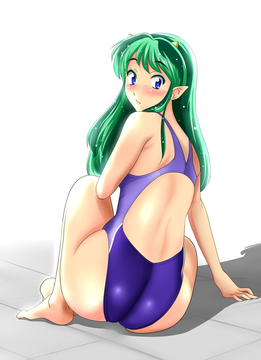1girl absurdres blue_eyes competition_swimsuit from_behind green_hair highres long_hair lum nanao_futaba one-piece_swimsuit pointy_ears squatting swimsuit urusei_yatsura