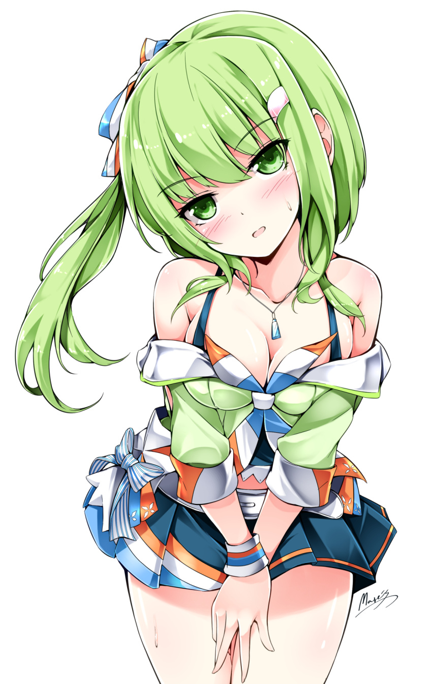 1girl beatmania beatmania_iidx belt breasts character_request cleavage collarbone green_eyes green_hair hair_ribbon highres jewelry long_hair maremay0513 necklace open_mouth pleated_skirt ribbon side_ponytail signature simple_background skirt solo sweat white_background
