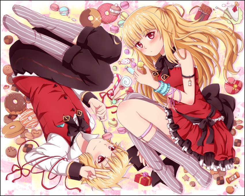 1boy 1girl alpha_(maplestory) benika beta_(maplestory) blonde_hair blush cake candy candy_cane chocolate cookie doughnut dress food fork grin heart highres hourglass lollipop maplestory nail_polish parted_lips ponytail red_dress red_eyes red_ribbon ribbon smile socks striped striped_legwear
