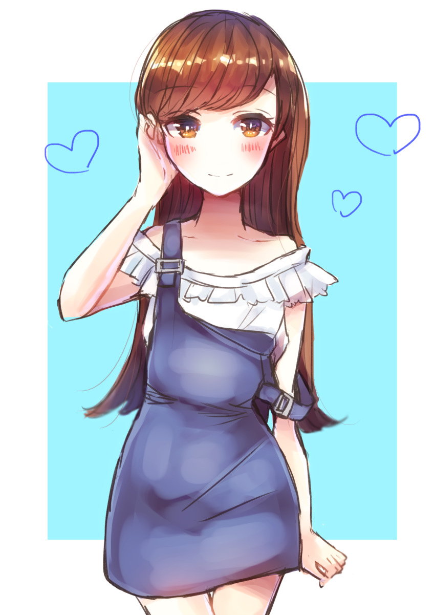 1girl adjusting_hair akagi_(kantai_collection) arm_at_side arm_up blue_background blush brown_eyes brown_hair buckle closed_mouth collarbone cowboy_shot eyebrows eyebrows_visible_through_hair hand_in_hair highres kantai_collection long_hair looking_at_viewer mochiko_(mocchikkoo) off-shoulder_shirt off_shoulder overalls shirt simple_background solo standing strap_slip thigh_gap white_border white_shirt