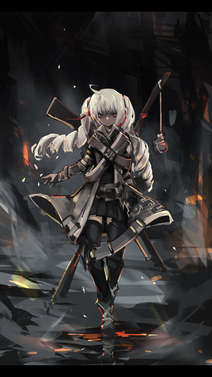 1girl absurdres ahoge ankle_boots black_legwear boots deel_(rkeg) drill_hair frown full_body gun hair_ribbon highres jacket letterboxed long_hair matches original pleated_skirt red_eyes ribbon rifle skirt solo thigh-highs twin_drills walking weapon white_hair zettai_ryouiki