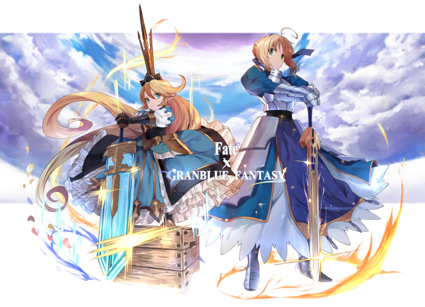 ahoge armor armored_dress bangs blonde_hair blue_eyes breastplate charlotta_(granblue_fantasy) closed_mouth crown dress excalibur eyebrows eyebrows_visible_through_hair fate/stay_night fate_(series) gauntlets granblue_fantasy green_eyes hair_between_eyes long_hair pointy_ears puffy_sleeves saber smile sword touzai_(poppin_phl95) very_long_hair weapon